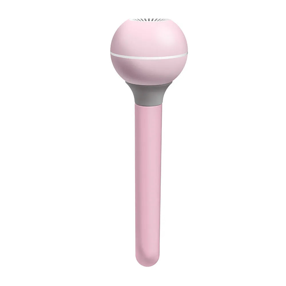 Pink and white columnar magic wand humidifier with USB cable and optional battery base