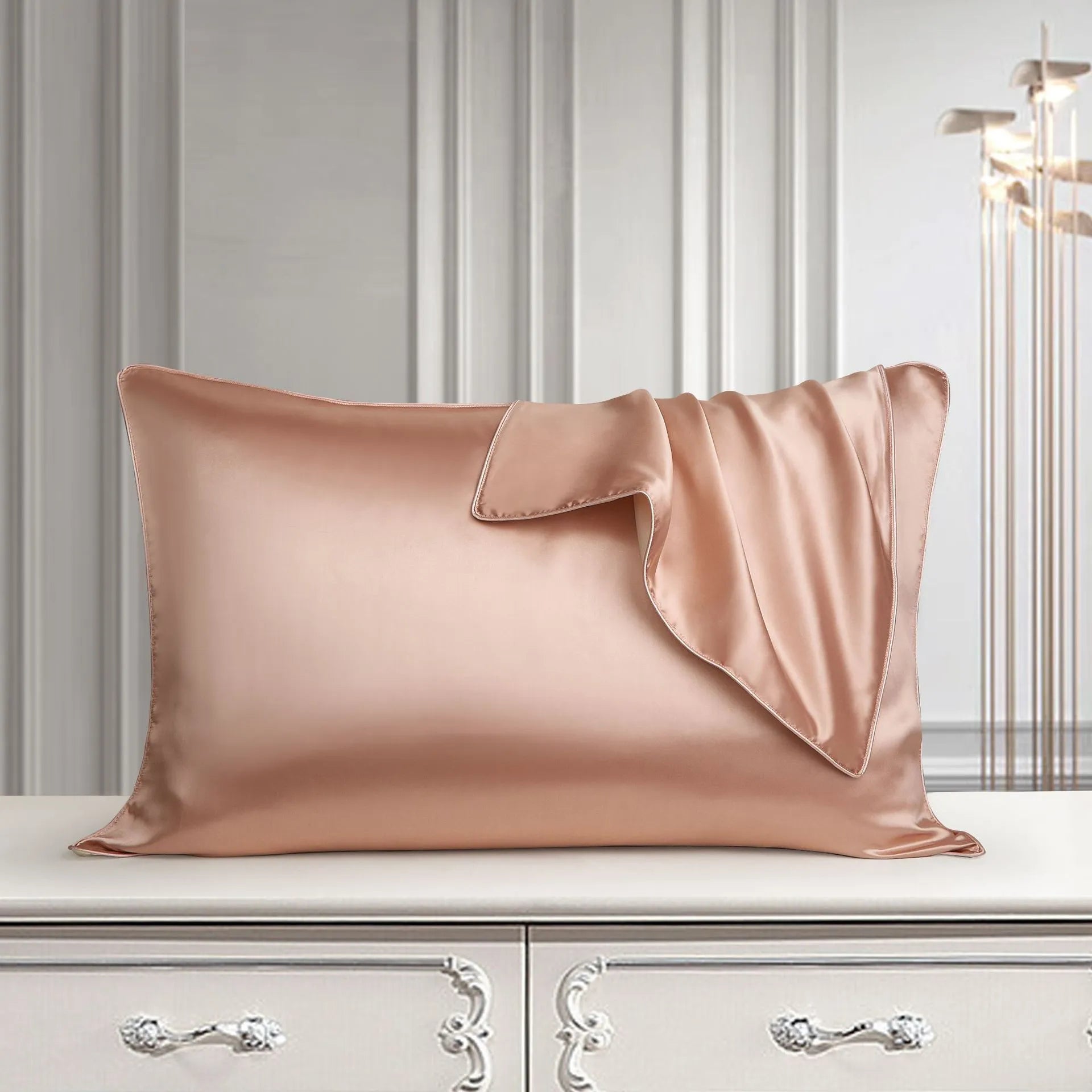 Single mulberry silk pillowcase in palace luxury style, size 48cm by 74cm.