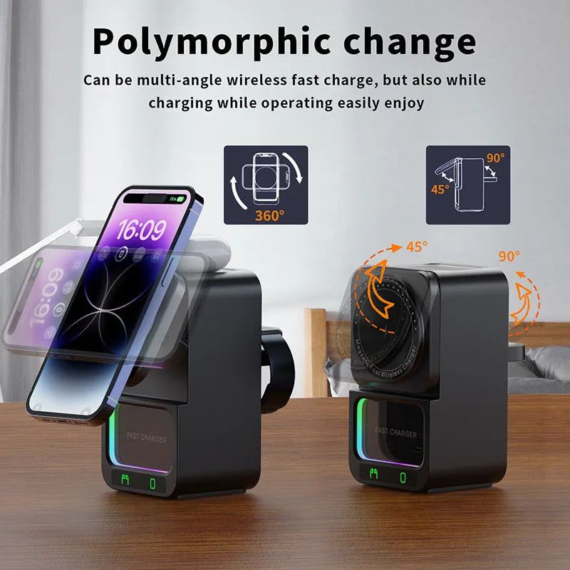 White and black Bluetooth speaker wireless charger with phone mounted magnetically.