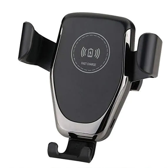 Black car wireless charger mounted on dashboard charging iPhone automatically