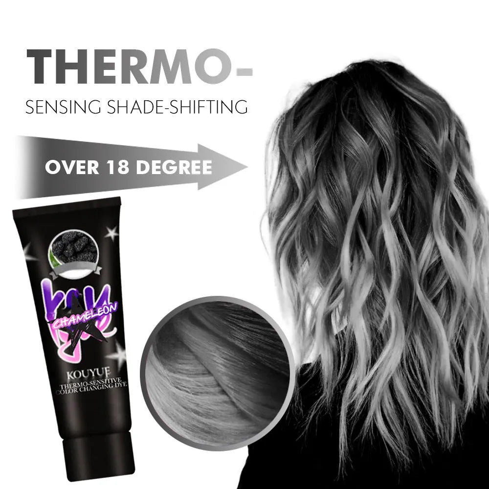 Thermochromic colour change hair dye cream in 60ml jar showing heat-activated transition effects
