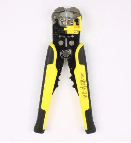 Yellow automatic wire stripper and crimping plier tool with cutter for 10-24 AWG electrical cables.
