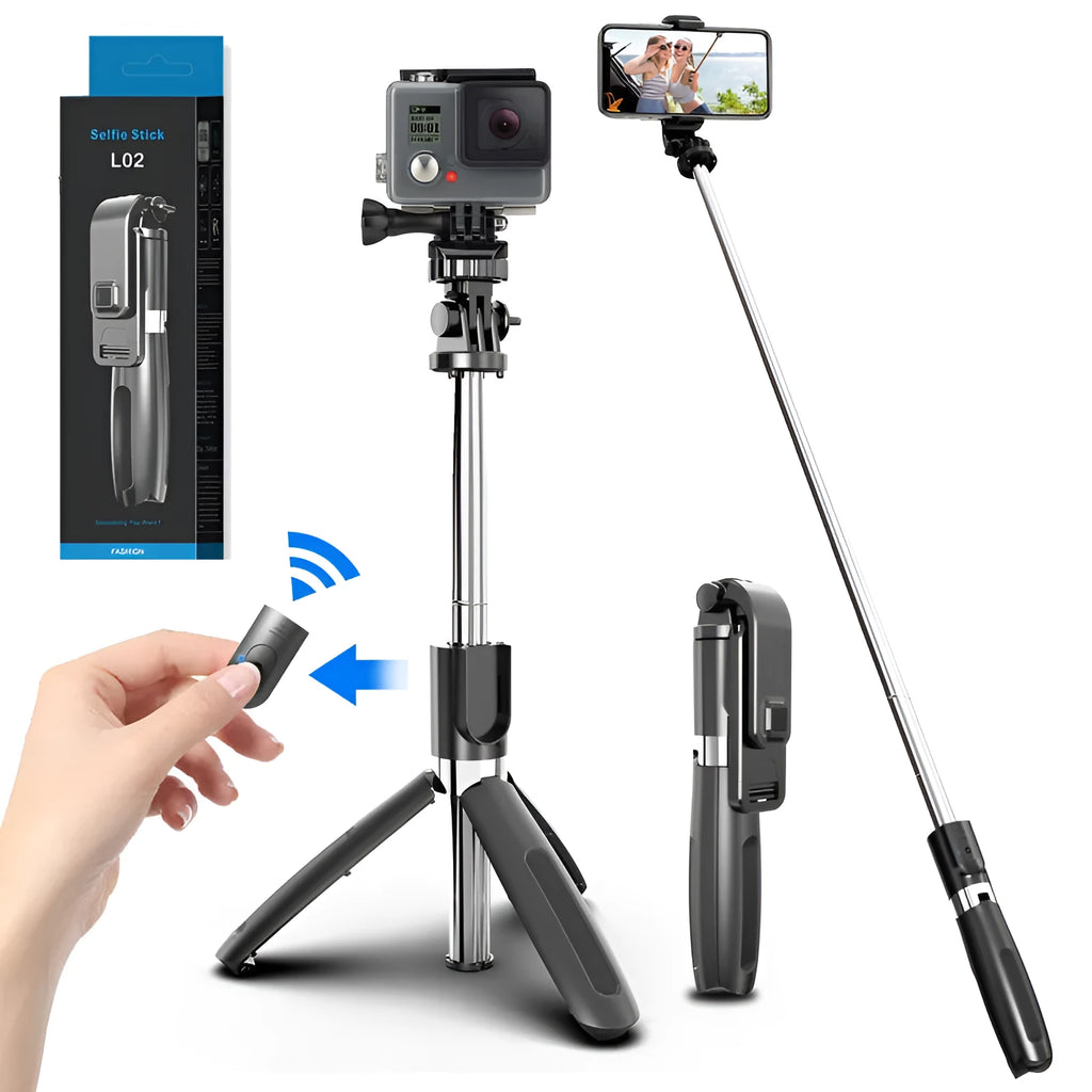 Extended black Bluetooth selfie stick with phone attached and separate wireless remote on a table
