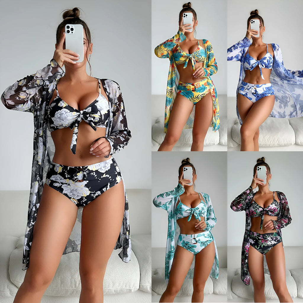 Women's multi-color printed three-piece bikini swimsuit in polyester high-elasticity fabric for swimming and wading