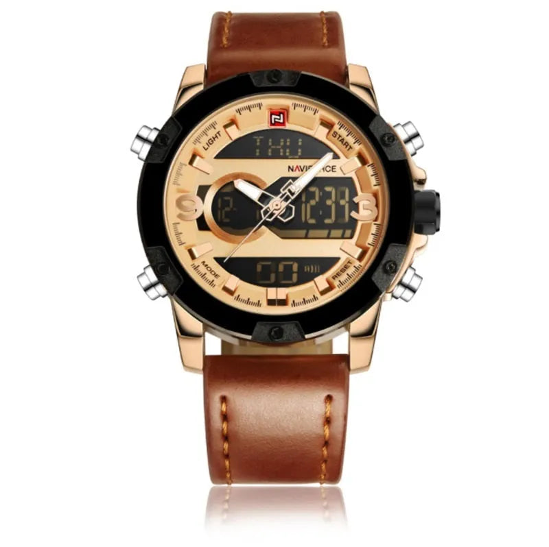 Men's leather digital army military sport watch with 46.5mm round alloy case and pin buckle
