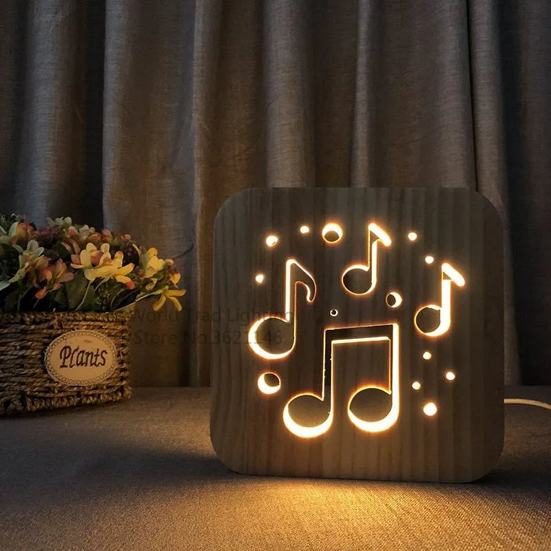 Square pine wood USB-powered LED atmosphere lamp with warm white 3D light on a desk