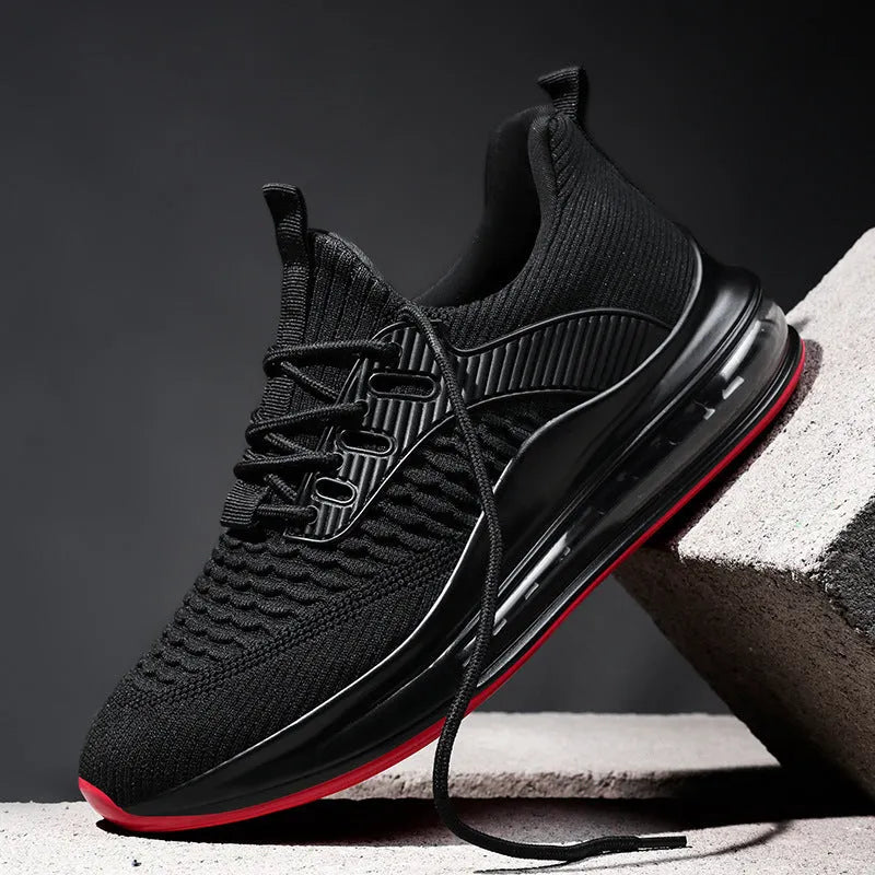 Men's black mesh running shoes with round toe and lace-up front for summer sports