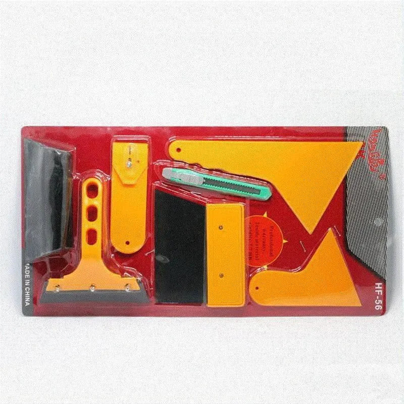 Seven-piece car film application tool set including scrapers, knives, and a pressing block on a white background.