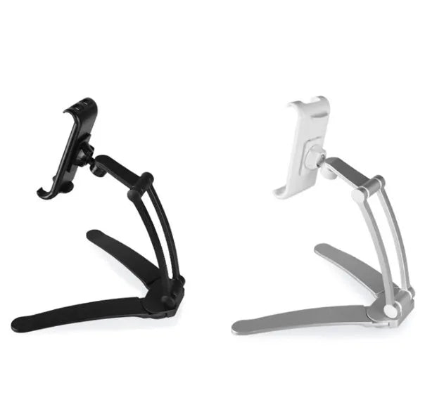 Silver aluminium desktop tablet stand with adjustable angle and folding clamp holding a tablet.