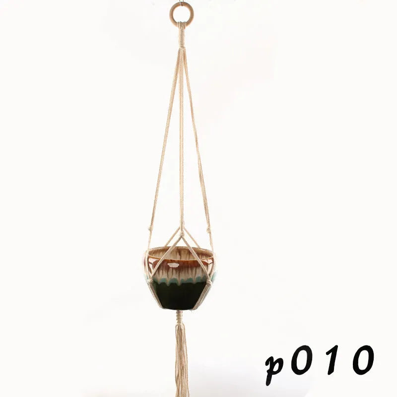 Woven wire cotton rope plant hanger macramé pot holder in European American village style