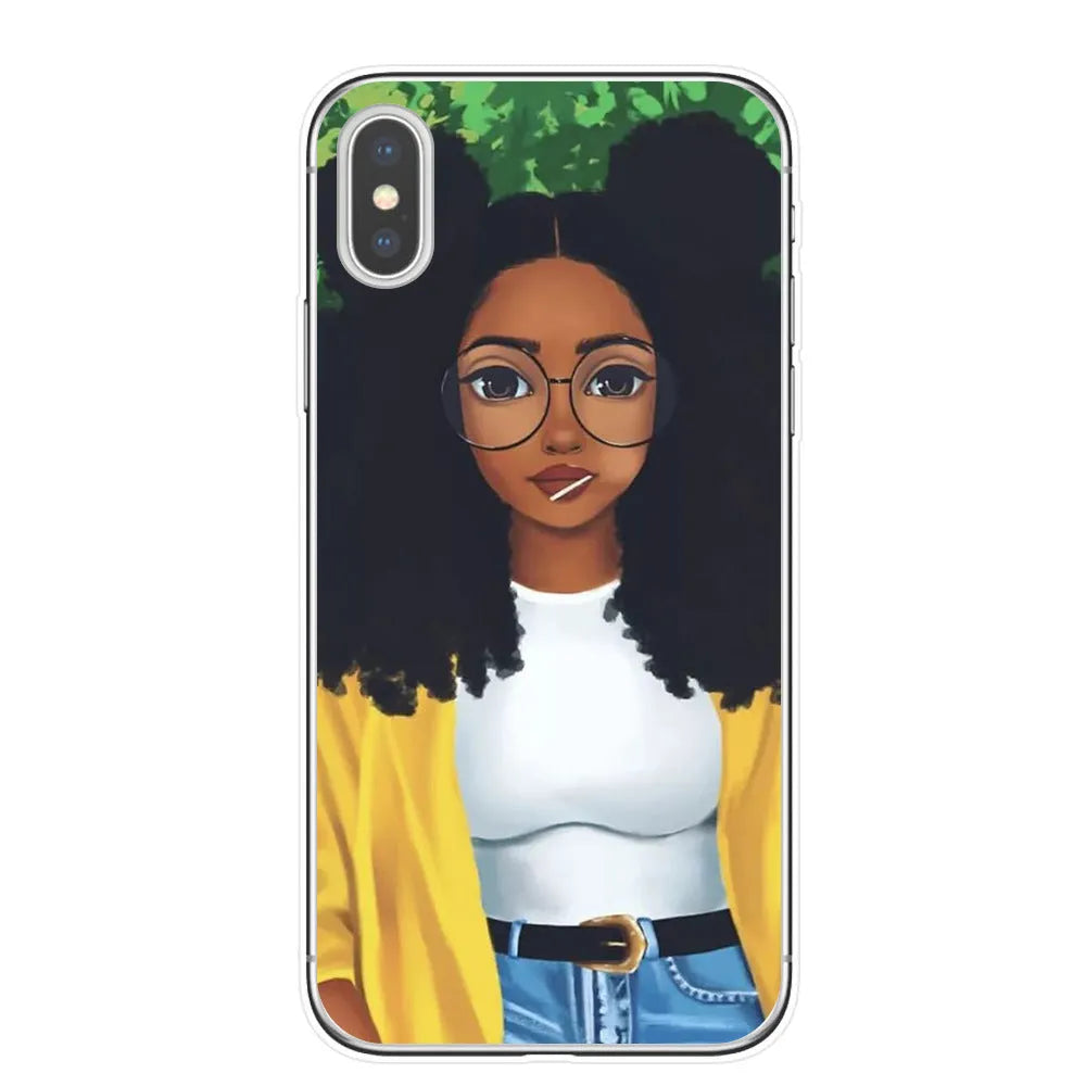 Hand drawn girl girl phone case soft TPU cover for iPhone showing colourful artwork and cutouts
