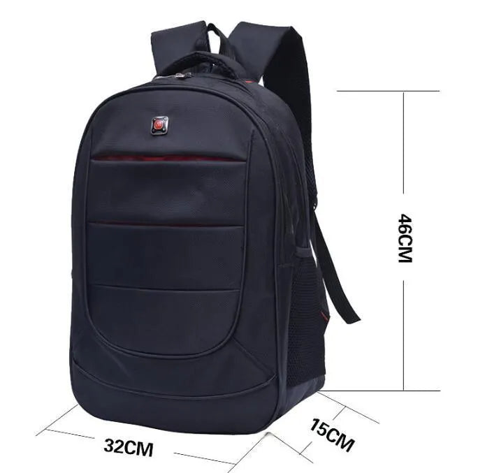 Black nylon casual travel backpack for men and women with padded laptop compartment and front pockets