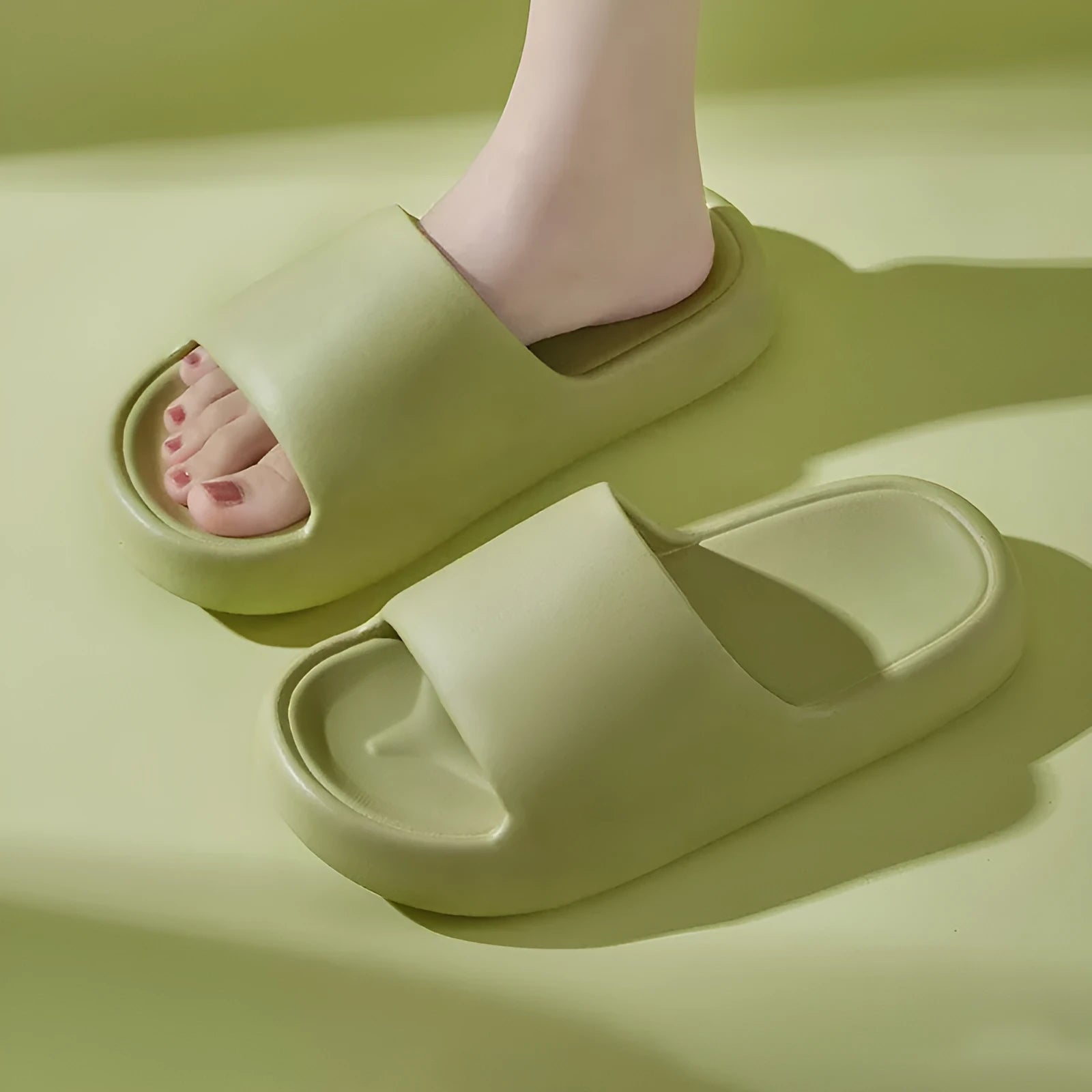 Bread Shoes non-slip EVA indoor bathroom slippers in bean green, unisex flip-flop design with thickened sole