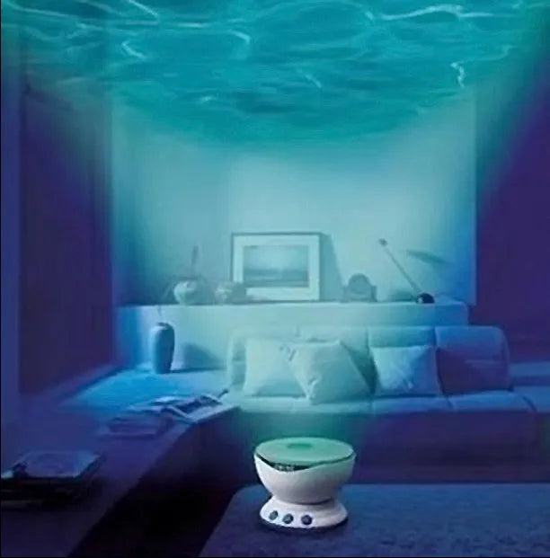 Blue ocean LED projection lamp showing a 2D underwater scene on a wall.