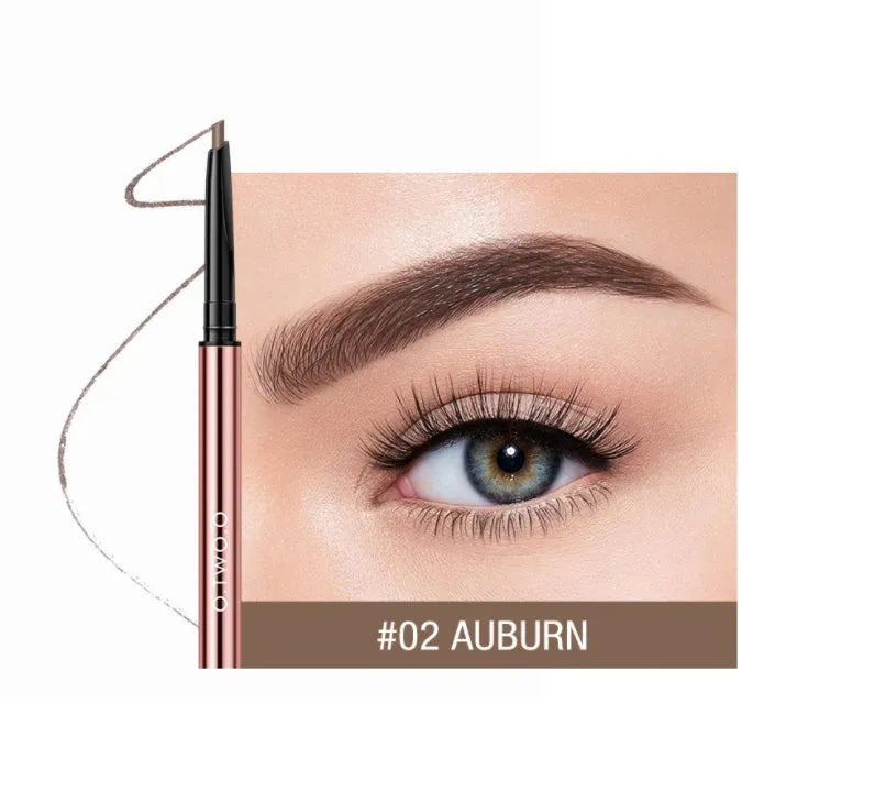 Slim brow makeup pencil in colour box with six shade options: Auburn, Blonde, Caramel, Dark Brown, Soft Brown, Taupe.