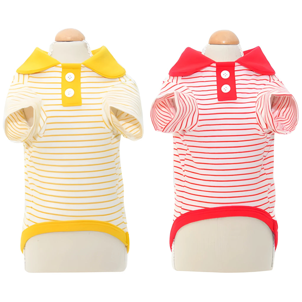 Pet colour striped polo shirt in cotton spandex blend with red stripes, available in multiple sizes for dogs and cats
