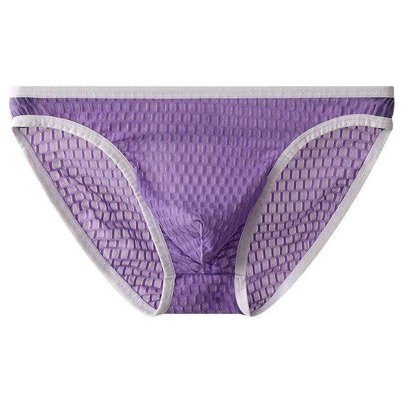 Men's low waist transparent lace underwear in a choice of colours on a size chart.