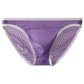 Men's low waist transparent lace underwear in a choice of colours on a size chart.