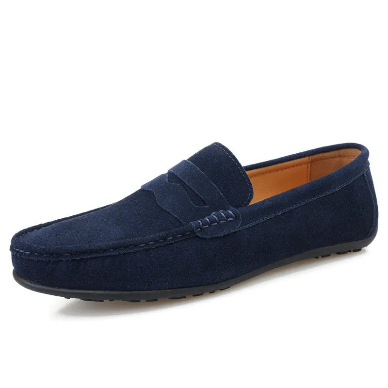Men's solid colour suede loafers with slip-on design and round toe