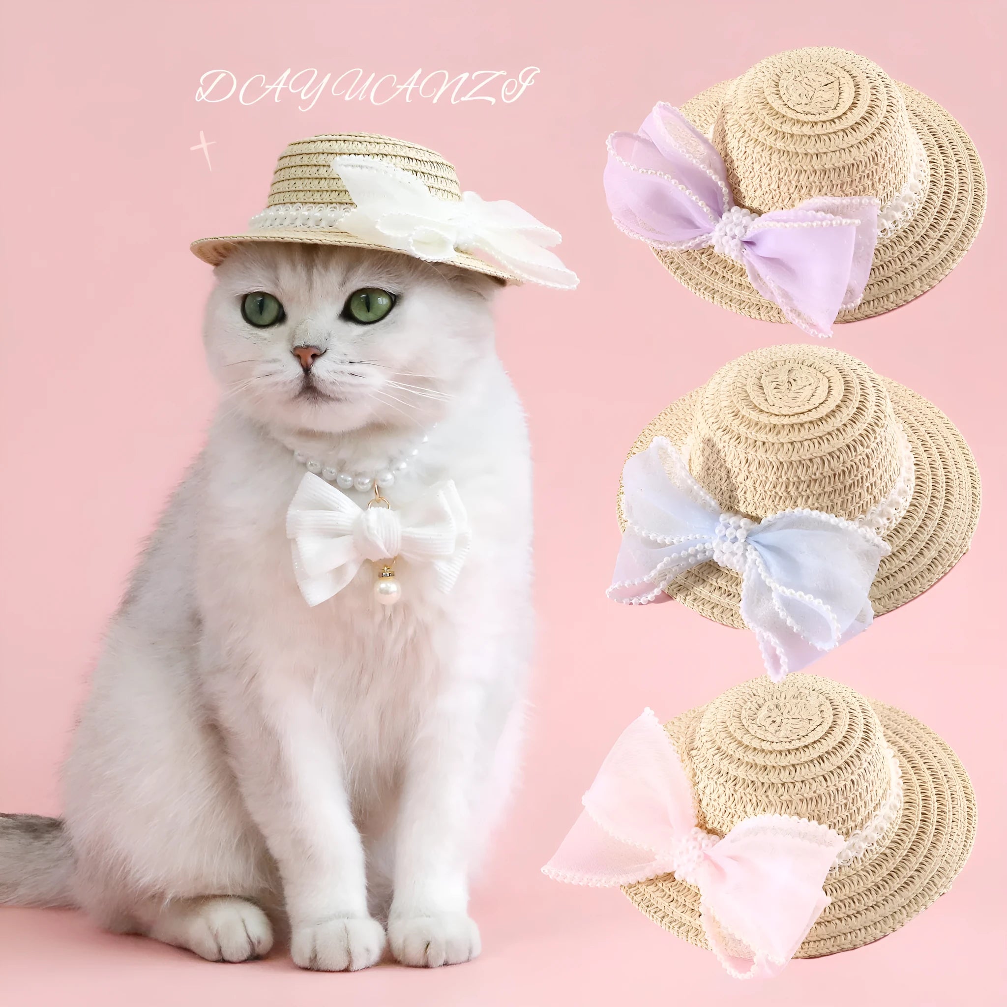 Woven straw hat for a cat with a large central pearl bow, available in blue, pink, purple, and white.