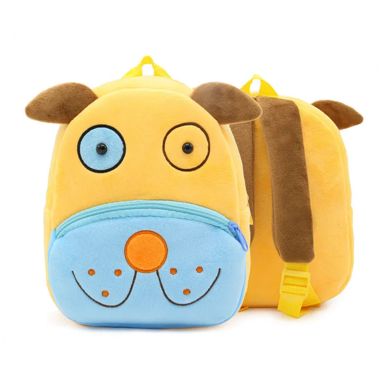 Cute plush animal backpack for children in elephant design, showing front zipper and straps.