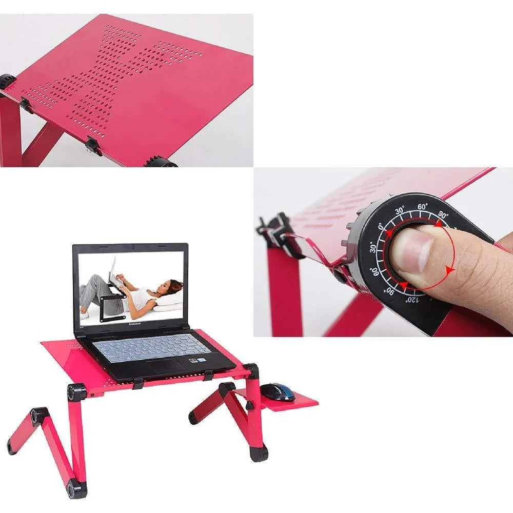 Adjustable black laptop stand desk with mouse pad and USB cooling fan, folded for storage, on a wooden floor