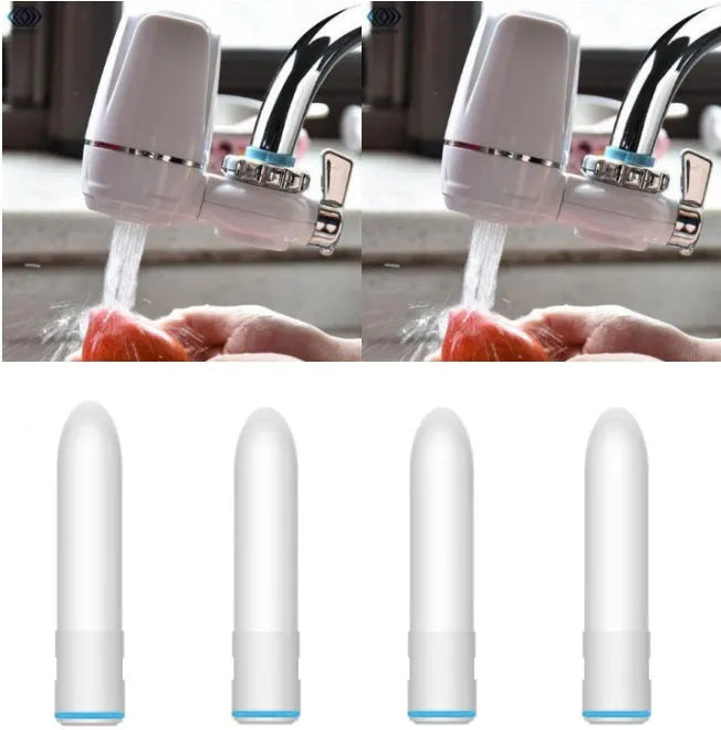 White plastic kitchen tap water filter with ceramic cartridge and universal adapter kit on a counter.