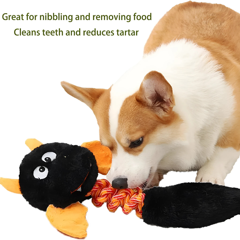 Large plush dog toy with squeaker and rattle in black, green, or red colours, measuring 44cm long