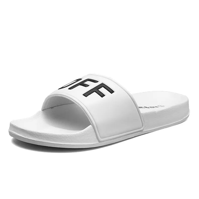 Large size men's open-toe slippers with rubber sole, shown in black and white colour options.