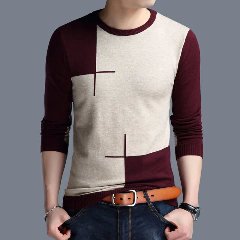 Men's wool blend crew neck pullover sweater in Black, Dark Blue, and Red colours