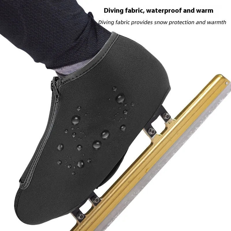 Black neoprene outdoor ice skate blade cover for short track skating with Velcro and zipper