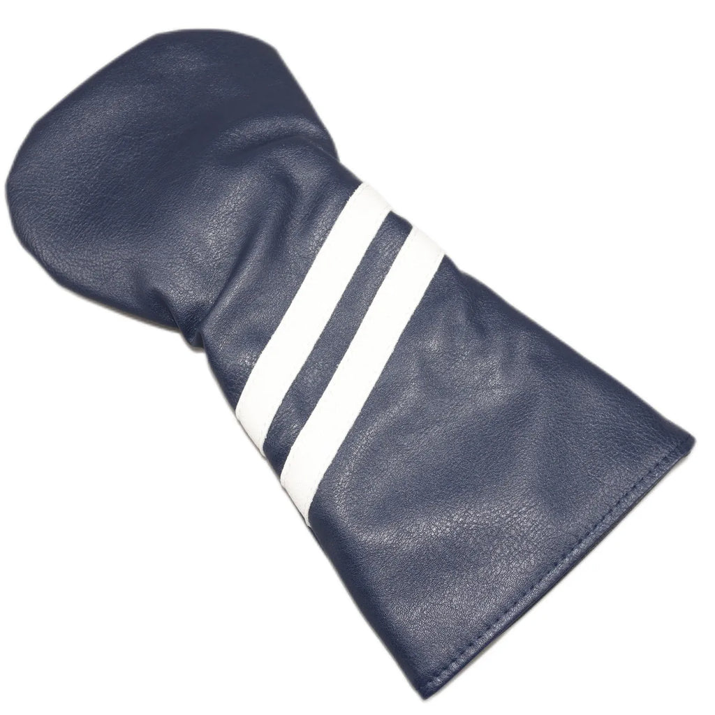 Blue golf club head cover with two white diagonal stripes, shown alongside red and black versions.