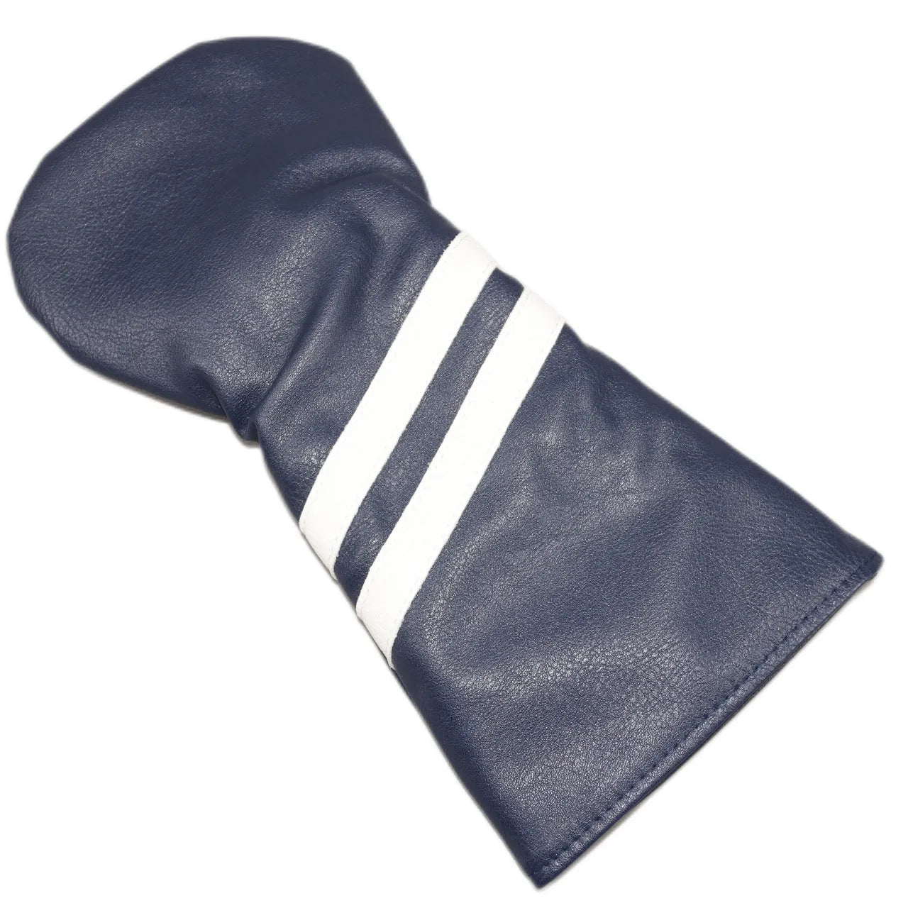 Blue golf club head cover with two white diagonal stripes, shown alongside red and black versions.