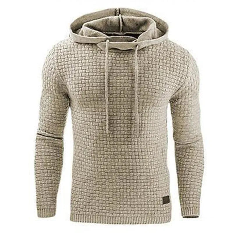 Men's black cotton-polyester blend hooded sweatshirt on a hanger, showcasing the front hood and kangaroo pocket.