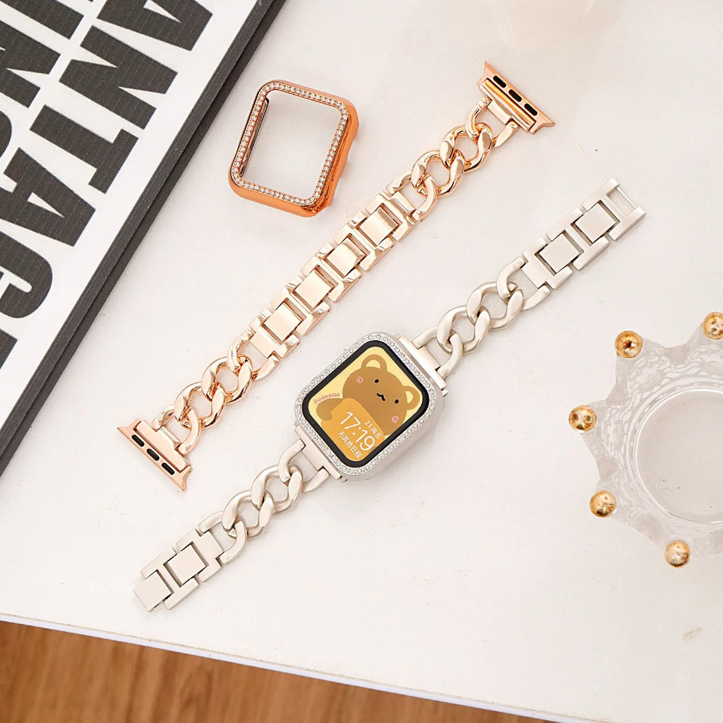 Metal denim chain Apple Watch replacement strap in silver, black, gold, rose gold, and Starlight colours for 38-49mm cases