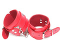 Pair of black PU leather BDSM handcuffs with adjustable metal buckle and connecting link