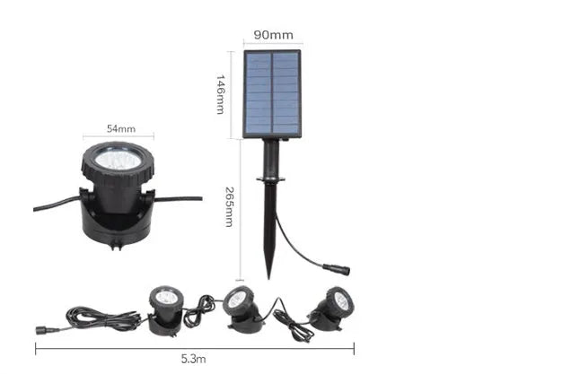 Solar underwater light set with three RGB LED lamps, black ABS housing, and polysilicon panel for garden ponds