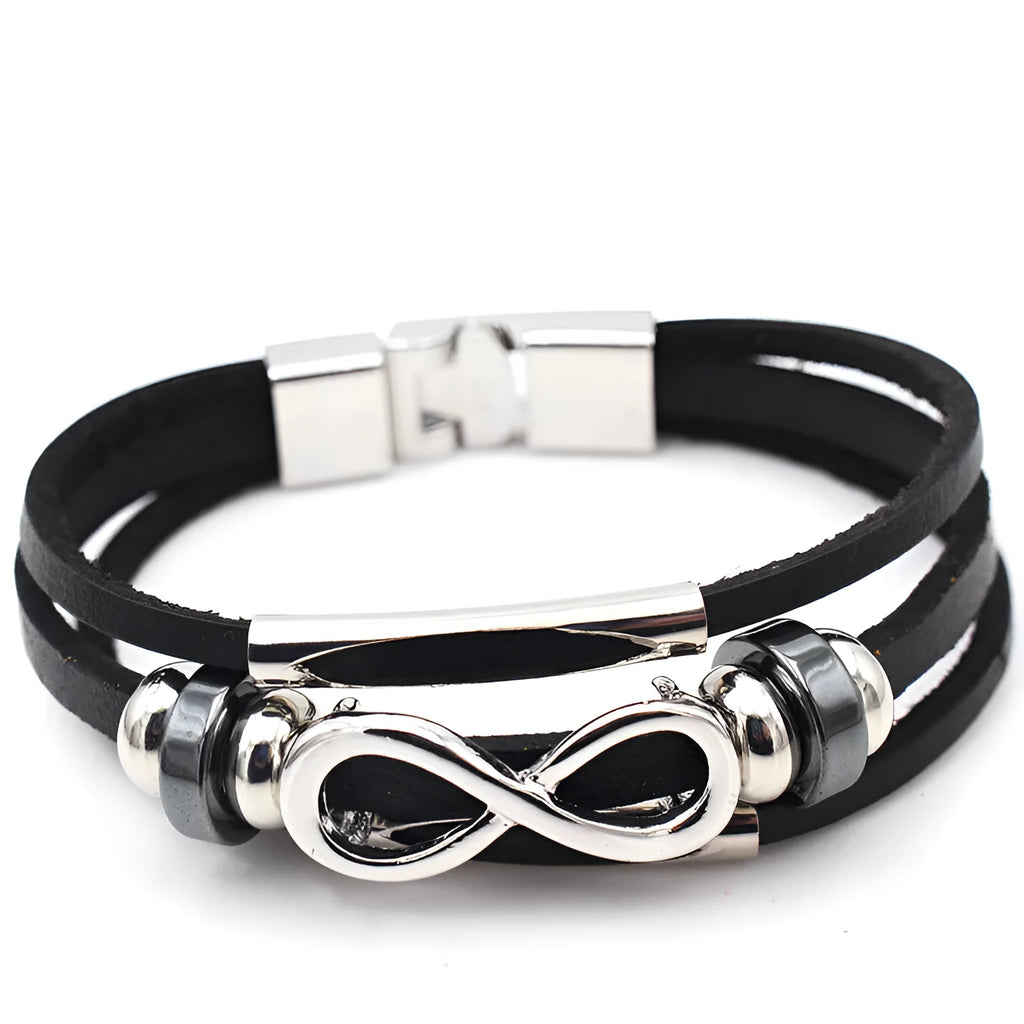 Men's Leather Bracelet Figure 8 Infinity Symbol Cowhide Retro European and American Style Unisex Black Brown Electroplated Silver Pendant Chain Independent Packaging