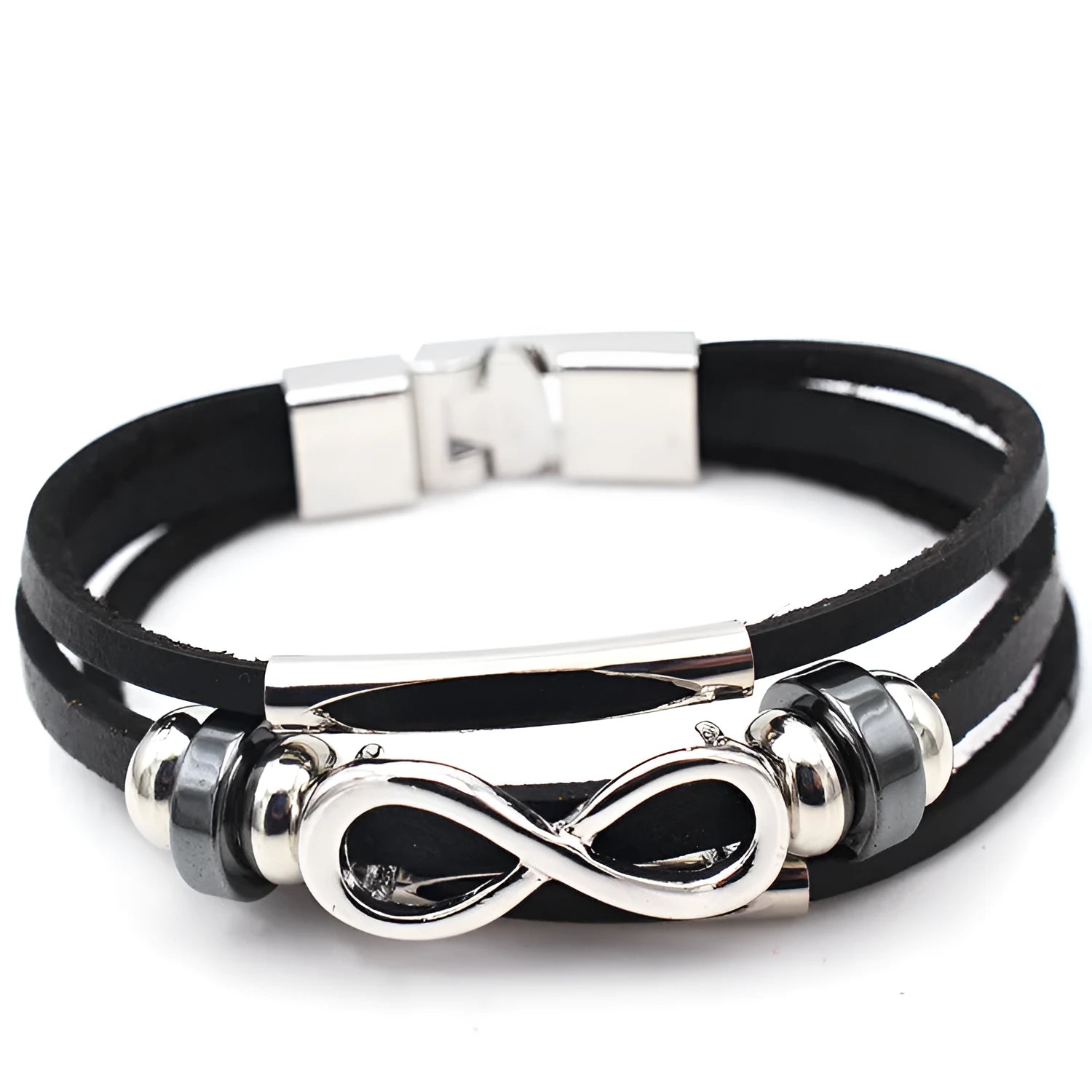 Men's Leather Bracelet Figure 8 Infinity Symbol Cowhide Retro European and American Style Unisex Black Brown Electroplated Silver Pendant Chain Independent Packaging