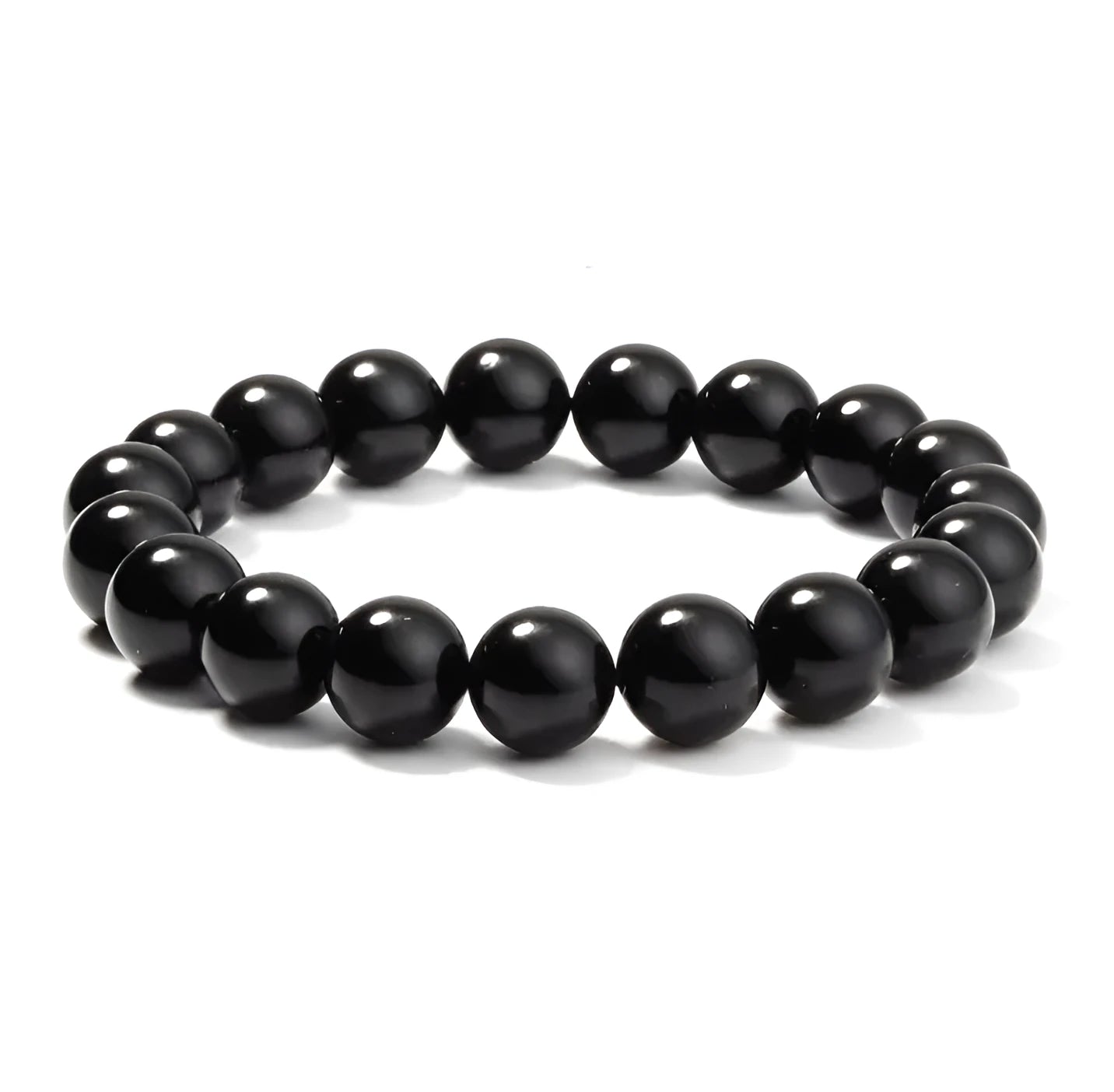 Black agate geometric bracelet with 8mm beads on a black elastic cord for women.