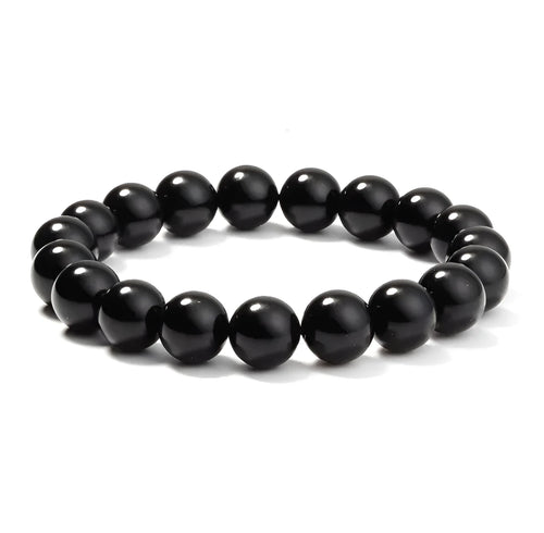 Black agate geometric bracelet with 8mm beads on a black elastic cord for women.