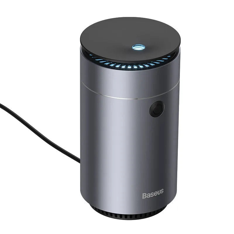 Time car air purifier in Grey with metal casing placed in a car interior