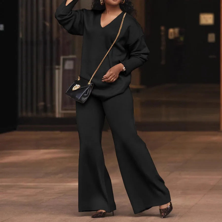 Women's brown thickened suede two-piece suit set with split sleeve design and full-length trousers