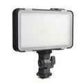 Slim silver Shenniu M150 LED video light mounted on a mobile phone showing its thin 20mm aluminium profile.