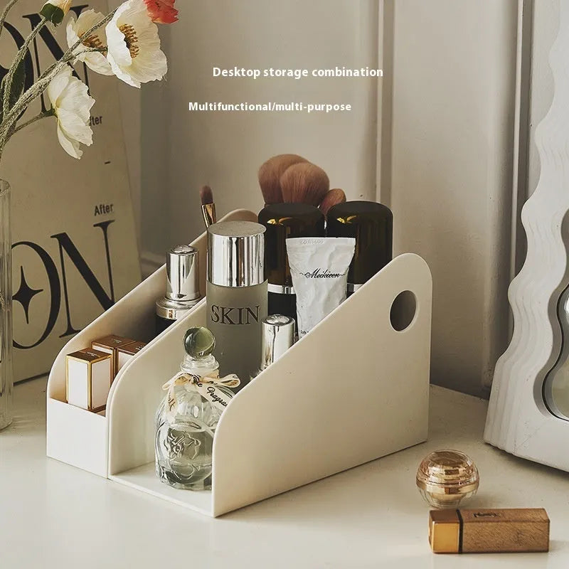 Plastic desktop storage box with two shelves in milk coffee colour, dimensions 14.5x17x22 cm