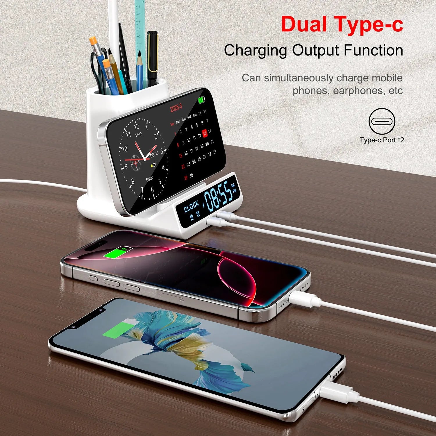 Modern minimalist desk lamp with wireless charging surface, pen holder, and storage compartments