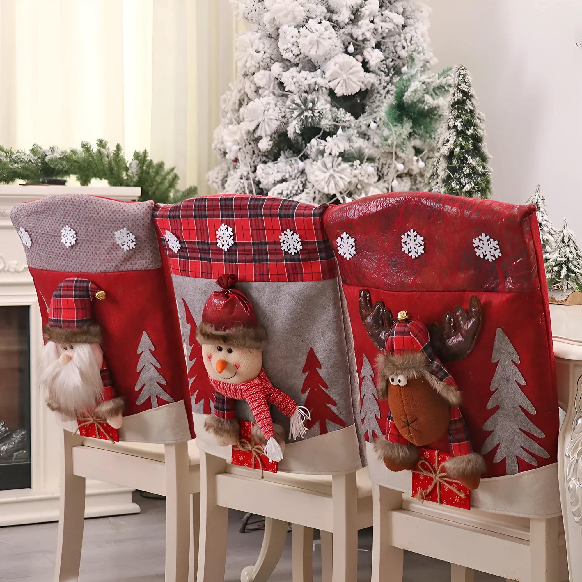 Three-dimensional cartoon chair cover set with Santa, snowman, and deer designs in cloth material