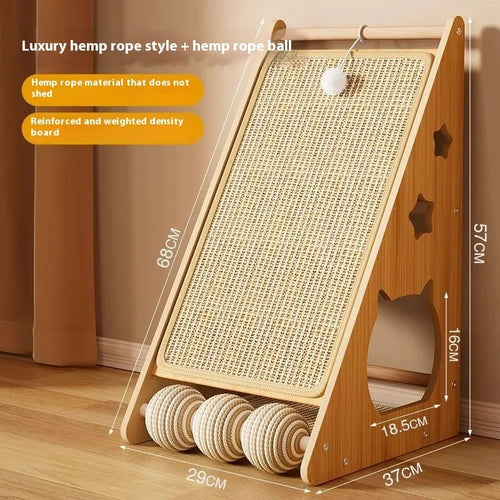 Vertical wall-mounted cat scratch board with sisal surface and cat teasing ball with hemp rope