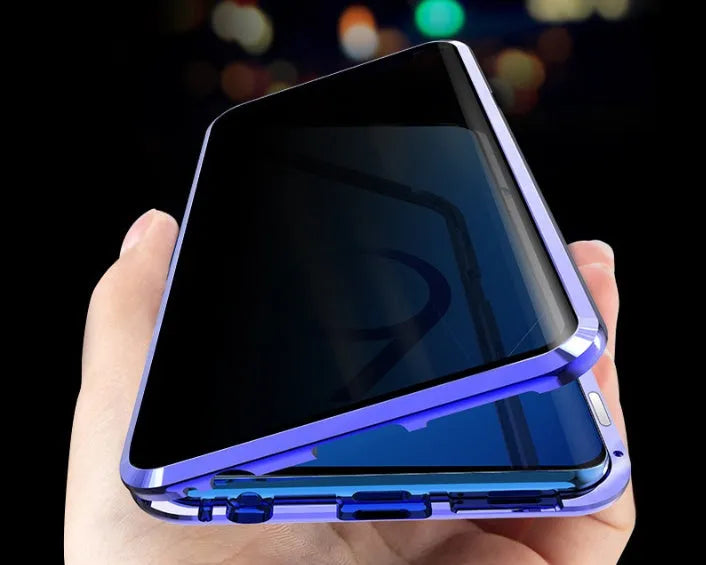Magnetic anti-peeping phone case for Samsung Galaxy with double-sided glass construction in clamshell design