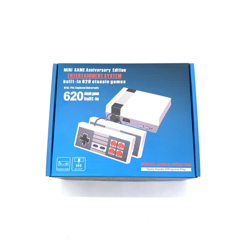 Compact grey NES-style retro game console with two rectangular controllers on a white background.